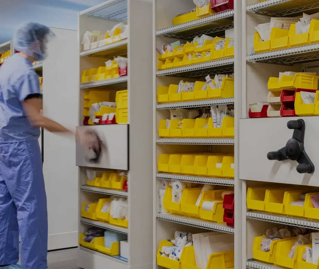 Medical supplies arranged on stockroom shelving