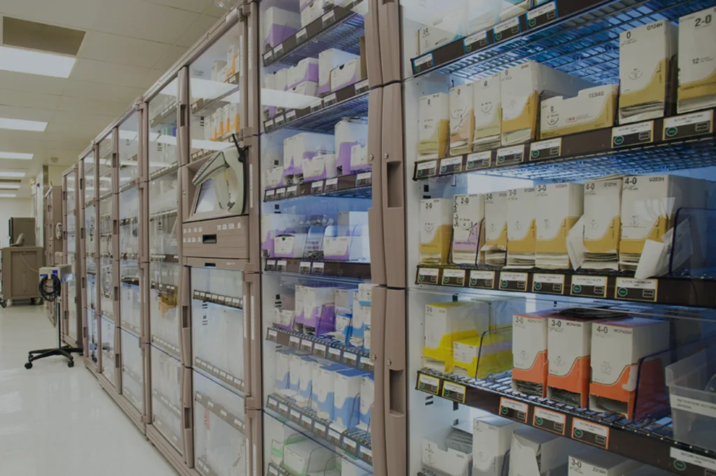 Boxed medical supplies stacked on shelving in the Impact Medical stockroom